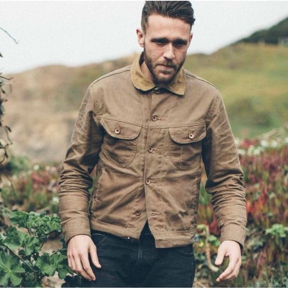 Taylor Stitch tan long haul organic wax canvas jacket